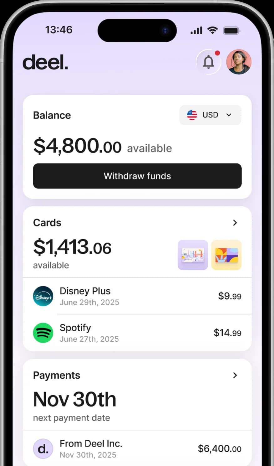 A smartphone displaying the Deel mobile app interface, showing a user's balance of $4,800.00, recent card transactions for Disney Plus and Spotify, and an upcoming payment date of November 30th.
