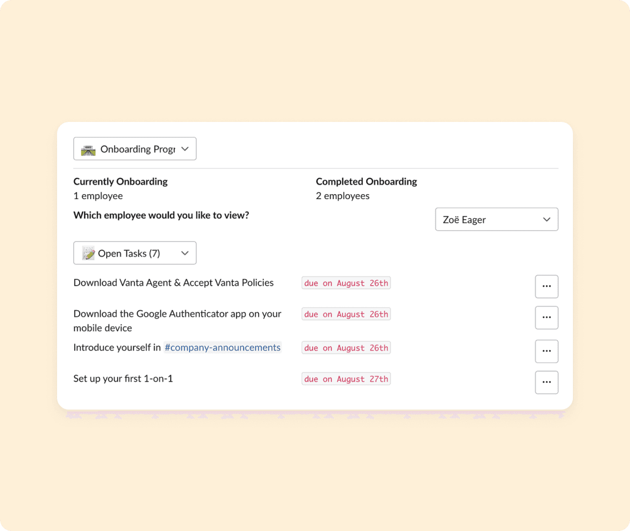 Onboarding tasks for new hires via the Engage Onboarding Slack plug-in