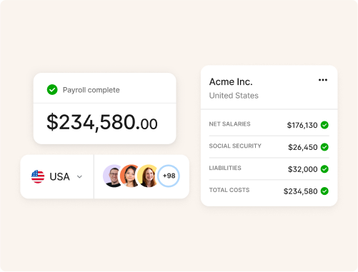 Dashboard de us payroll de Deel sobre Cómo escalar una startup en EE.UU. con ayuda de Deel